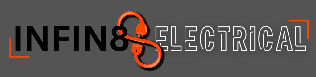 Infin8 Electrical logo with orange plug and dark grey background.